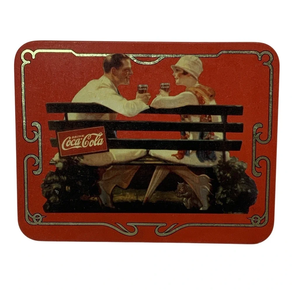 Vintage Coca‎ Cola Couple on Bench Metal Sign Red 10.5x8in